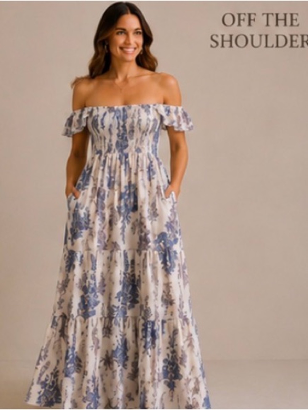 Smocked Square-Neck Floral Maxi Dress in Blue and Cream “The Bloom Collection “ - Picture 3 of 6